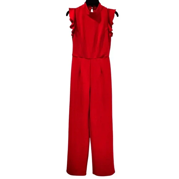 Womens S Ruffle Sleeve Mock Neck Jumpsuit Chic Date Night Bold Beautiful Stylish - Picture 4 of 11